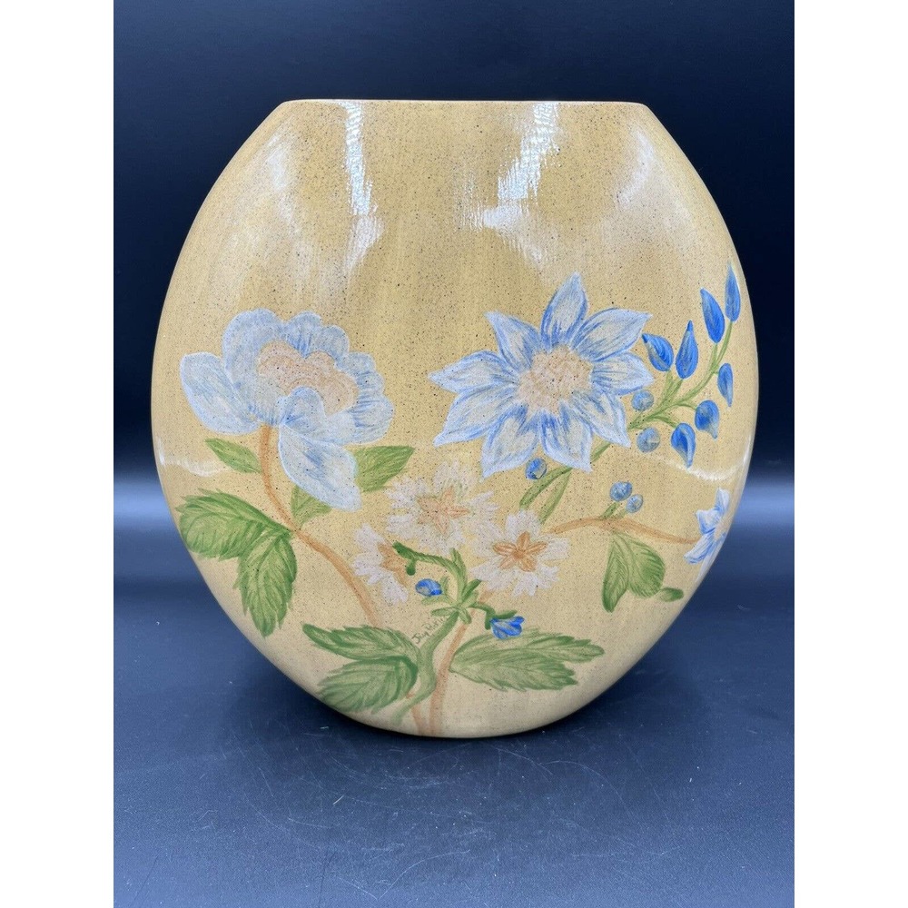 Vintage Vase Pottery With Hand Painted Flowers Glazed Signed